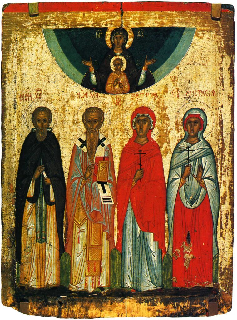 Богоматерь Знамение с избранными святыми
Варлаам Хутынский, Иоанн Милостивый, Параскева Пятница и Анастасия