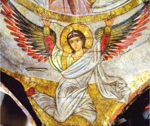 Архангел Уриил, на храмовой росписи XIII в. Эль-Моаллака, Каир, Египет. Роспись внутреннего объема напрестольной сени в алтаре Иоанна Предтечи.