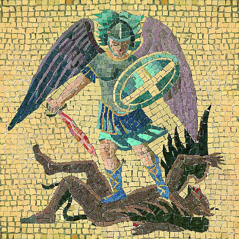 Святой Архистратиг Михаил, в лазуревом вооружении, с червлёным пламенеющим мечом и с лазуревым щитом, украшенным золотым крестом, попирающий чёрного лежащего дьявола.