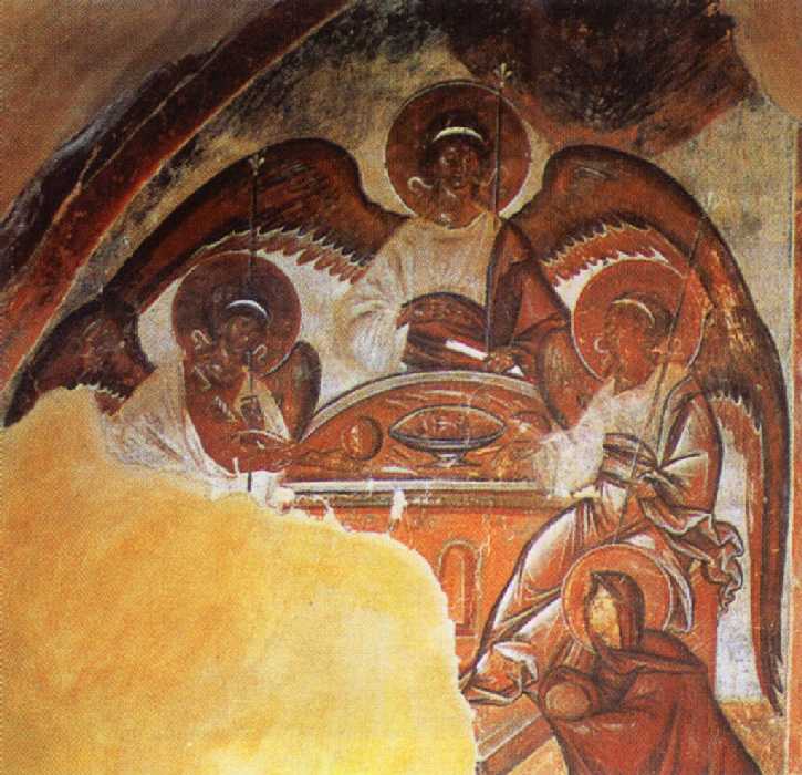 Ветхозаветная Троица, 1378 Фрагмент фрески в Церкви Преображения, Ильина улица, Новгород